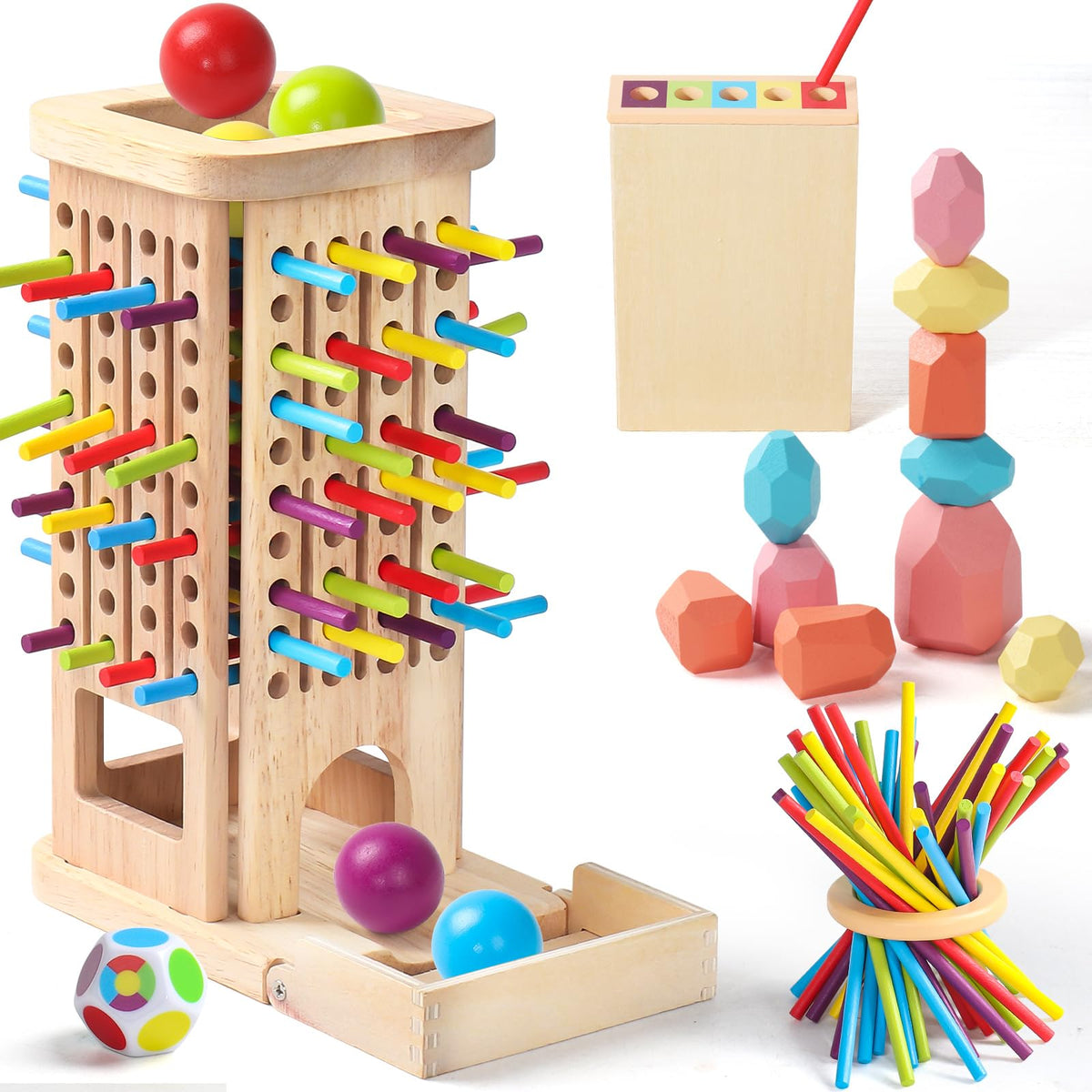 Montessori Toys for 3 Year Old, Wooden Board Game Pick Up Sticks Ball Drop