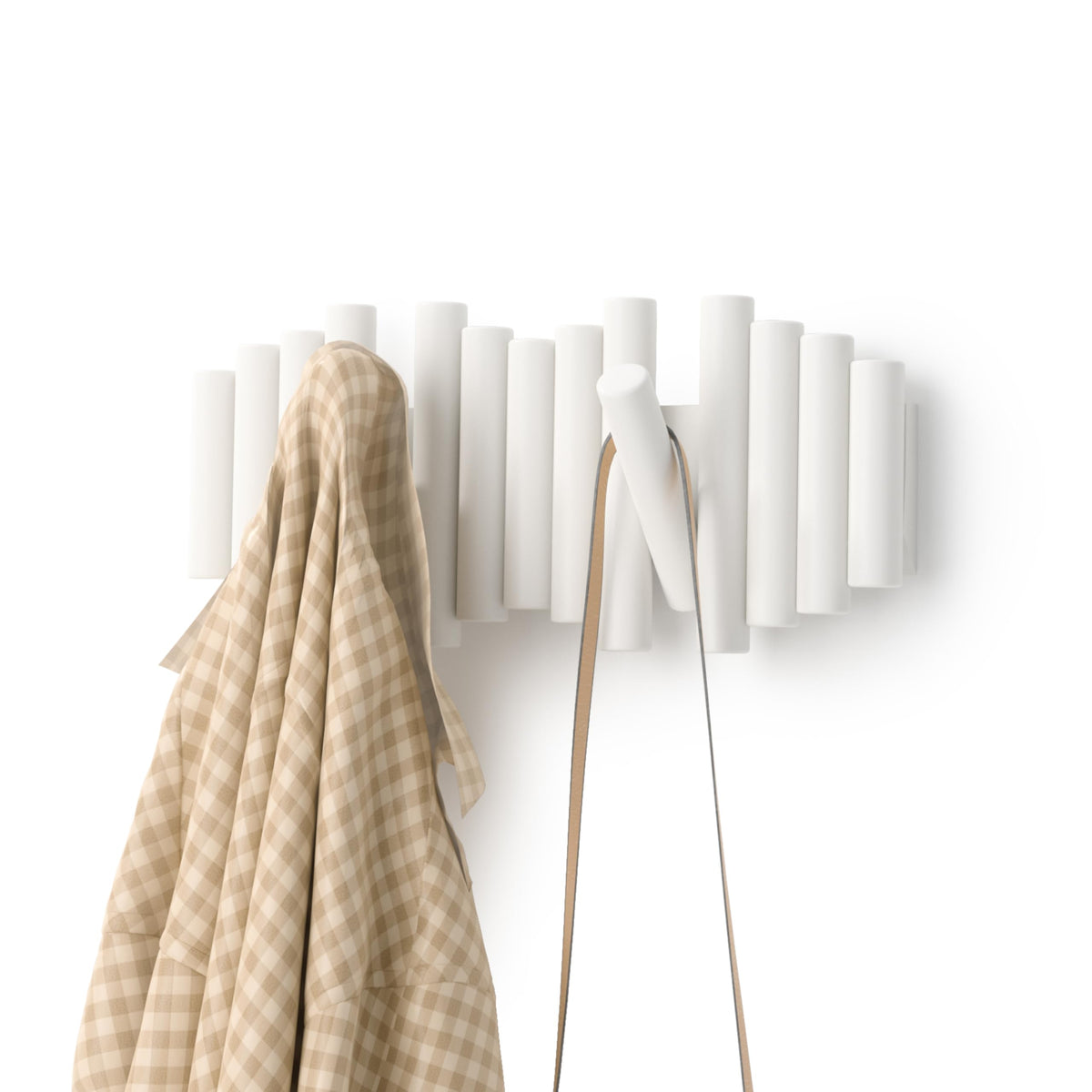 Umbra Picket Wall-Mounted Coat Rack Rail Hook with 5 Retractable Wood Pegs – Modern, Space-Saving Storage Organizer, White