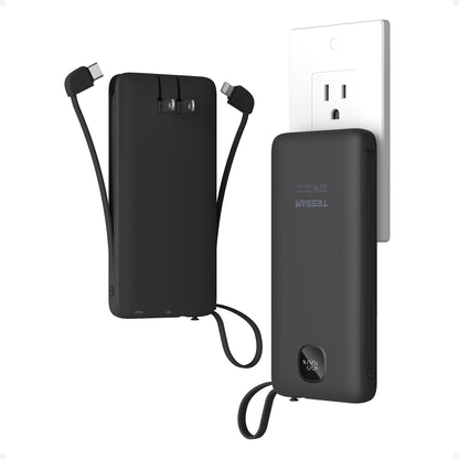 TESSAN Portable Charger with Built in Cables, 10000mAh Power Bank Fast Charging with Foldable AC Plug, PD20W Compact Battery Pack Travel Essentials for iPhone 17/16/15 Series, Samsung, Tablets, Black