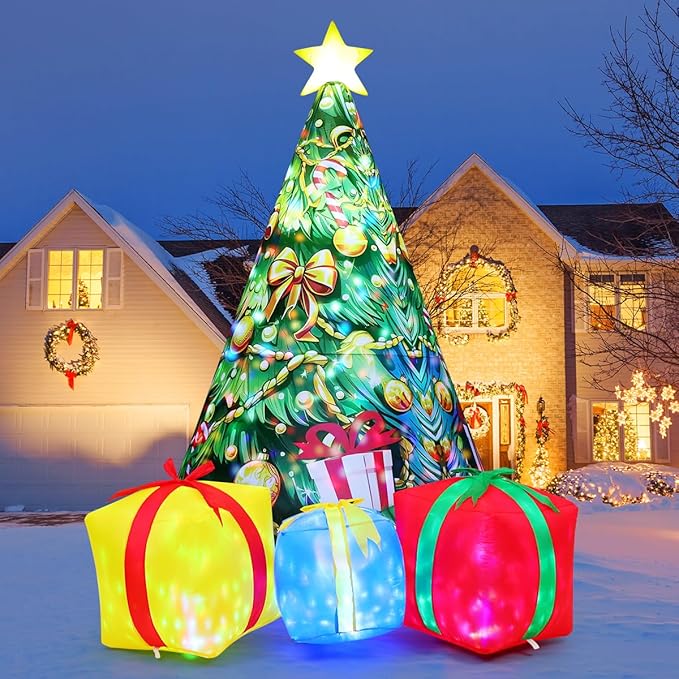GOOSH 11.8 FT Christmas Inflatables Tree Outdoor Decorations Blow Up Christmas Tree Gift Box Yard with Colorful Light for Holiday Party Indoor Garden Lawn Decor (Yellow)
