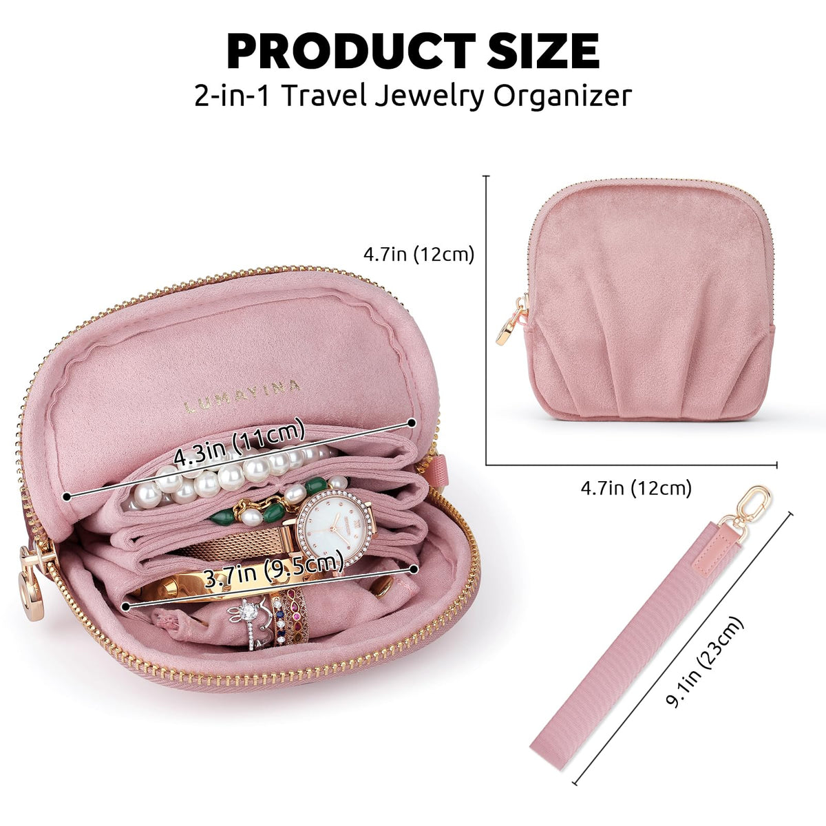 Lumayina Velvet Travel Jewelry Pouch, 2-in-1 Clamshell Case with Detachable Insert, Portable Travel Jewelry Organizer with Wrist Strap, Converts to Mini Coin Purse, Gift for Women & Girls (Dusty Pink)