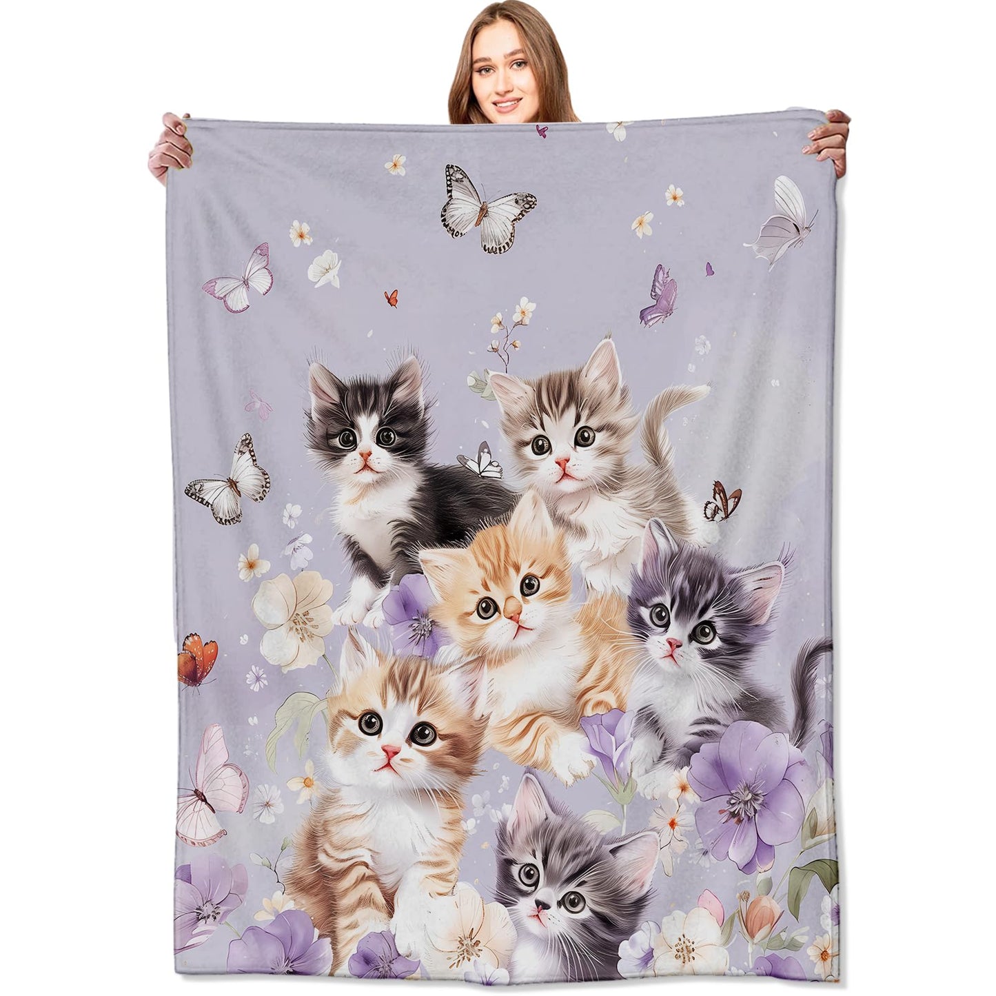 VODRM Adorable Kitten Blanket Cute Cat and Butterfly on Lavender Throw Blankets Gifts for Girls Women Adults Lightweight Soft Fleece Cozy for Sofa Couch Bed Room Travel Birthday Decor 50x60in