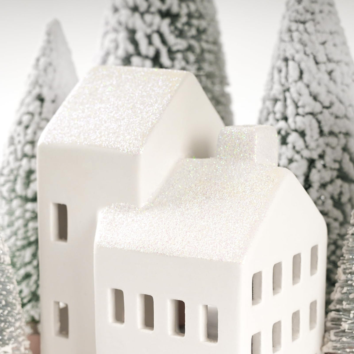 Zesua Christmas Decorations Indoor - Christmas Village Sets of 5 Ceramic Houses with LED Lights Remote and 9 Trees - Winter Rustic Farmhouse Home Holiday Xmas Decor for Mantel Tabletop Room