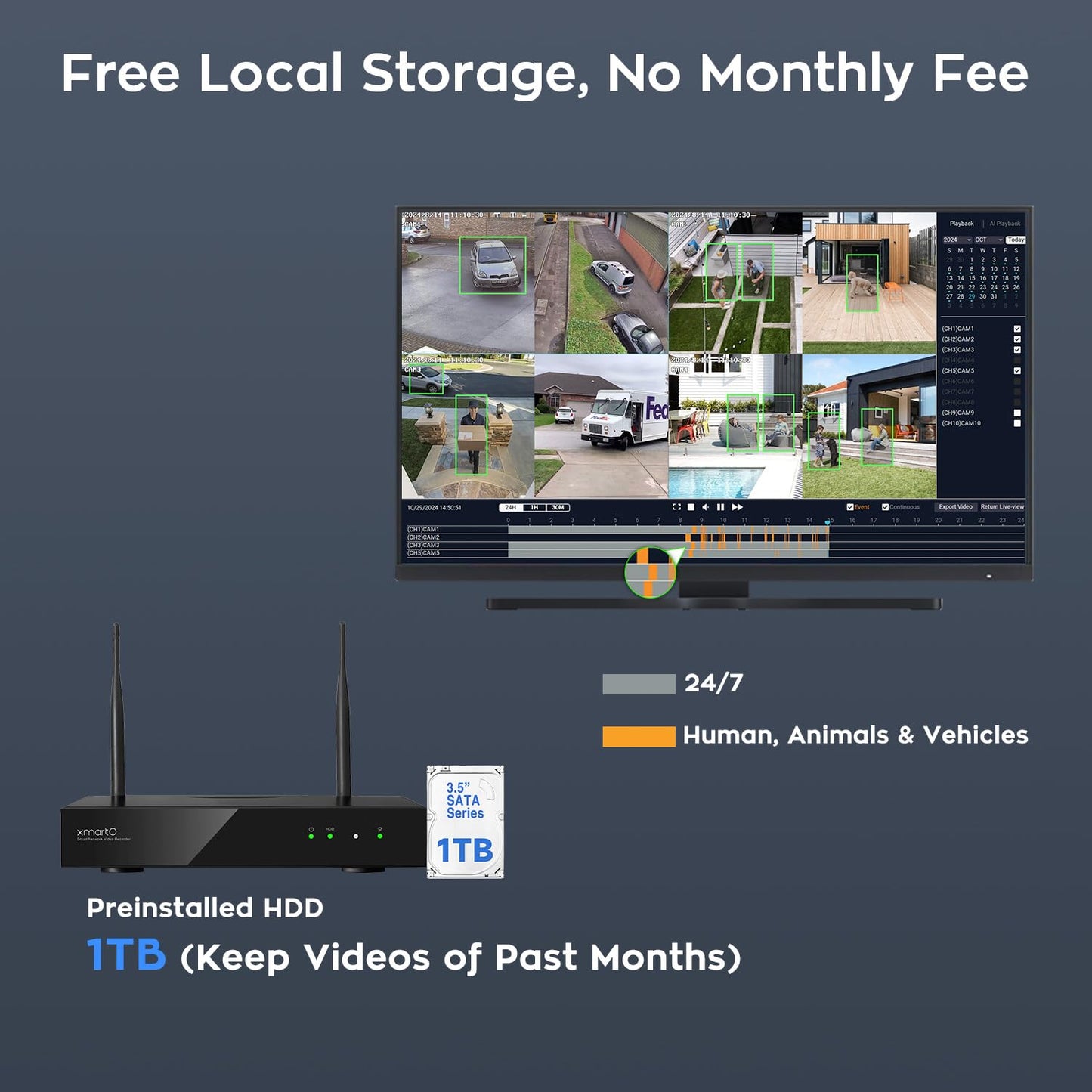 XMARTO [10 Dual-Lens Camera Bundle] 20-View Long Range WiFi6 Mesh Security System, 16CH 4K Dual Band NVR, 4MP 180°+Static FOV & 360°PTZ AI Tracking, 24/7 Plug-in Surveillance, 1TB HDD, No Monthly Fee