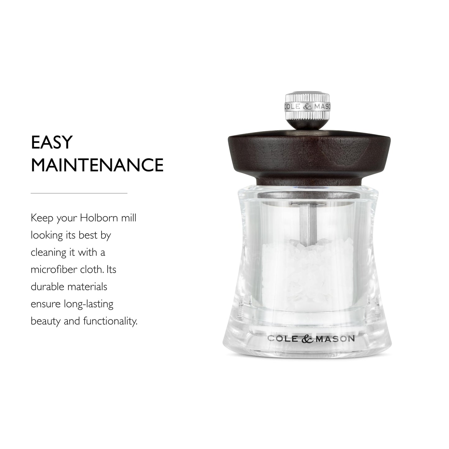 Cole & Mason Holborn Acrylic Salt Mill - Compact Hand Grinder - Acrylic Kitchen Tool with Adjustable Grind Setting - Easy-to-Clean Grinder with Premium Design - Chocolate Salt Mill, 3.75"