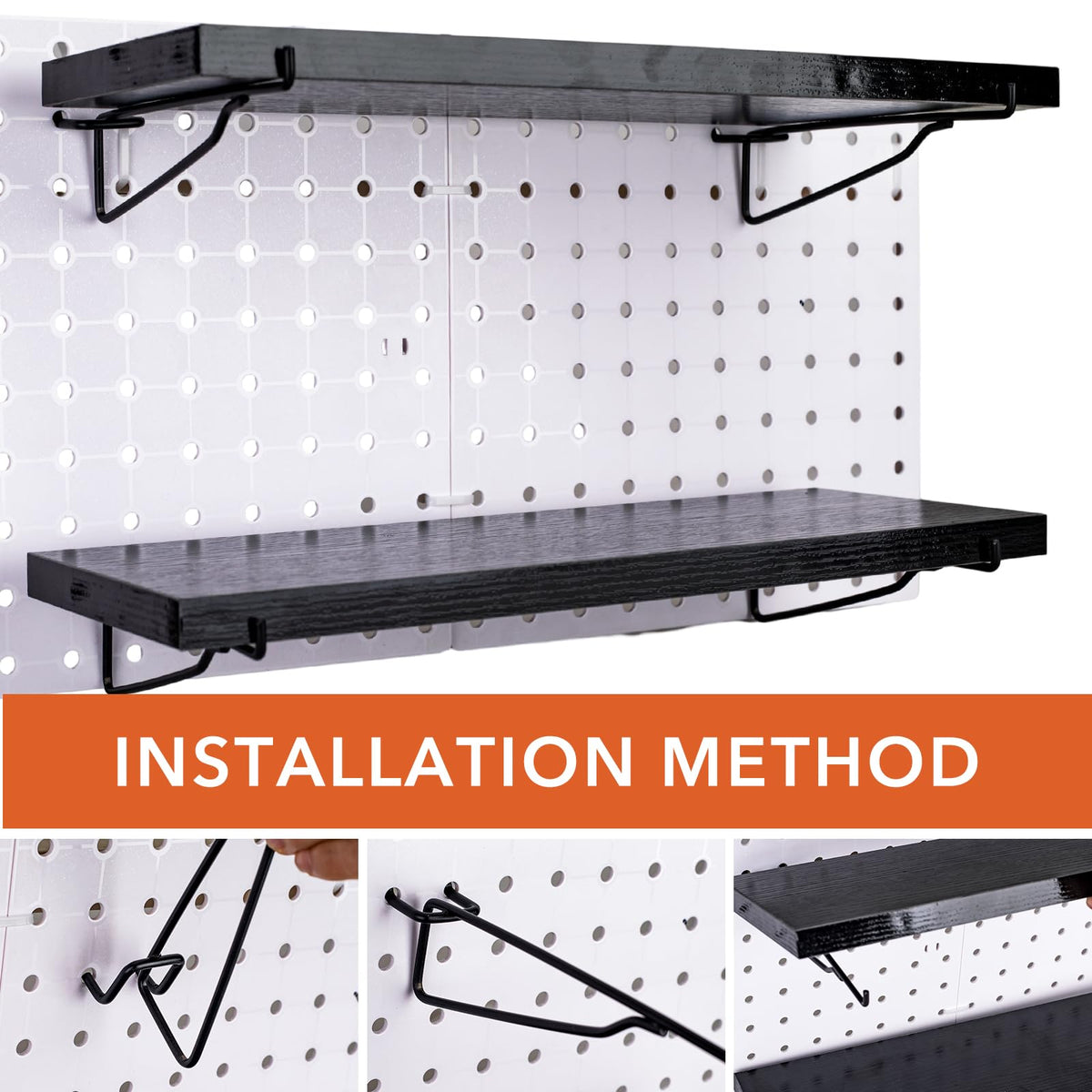Black Pegboard Shelf, 8 Pack Wooden Pegboard Shelves with Metal Brackets Hooks, Heavy Duty Peg Board Organizer Shelves, Pegboard Accessories Organizer for Crafts Room, Garage, Workbench, Office