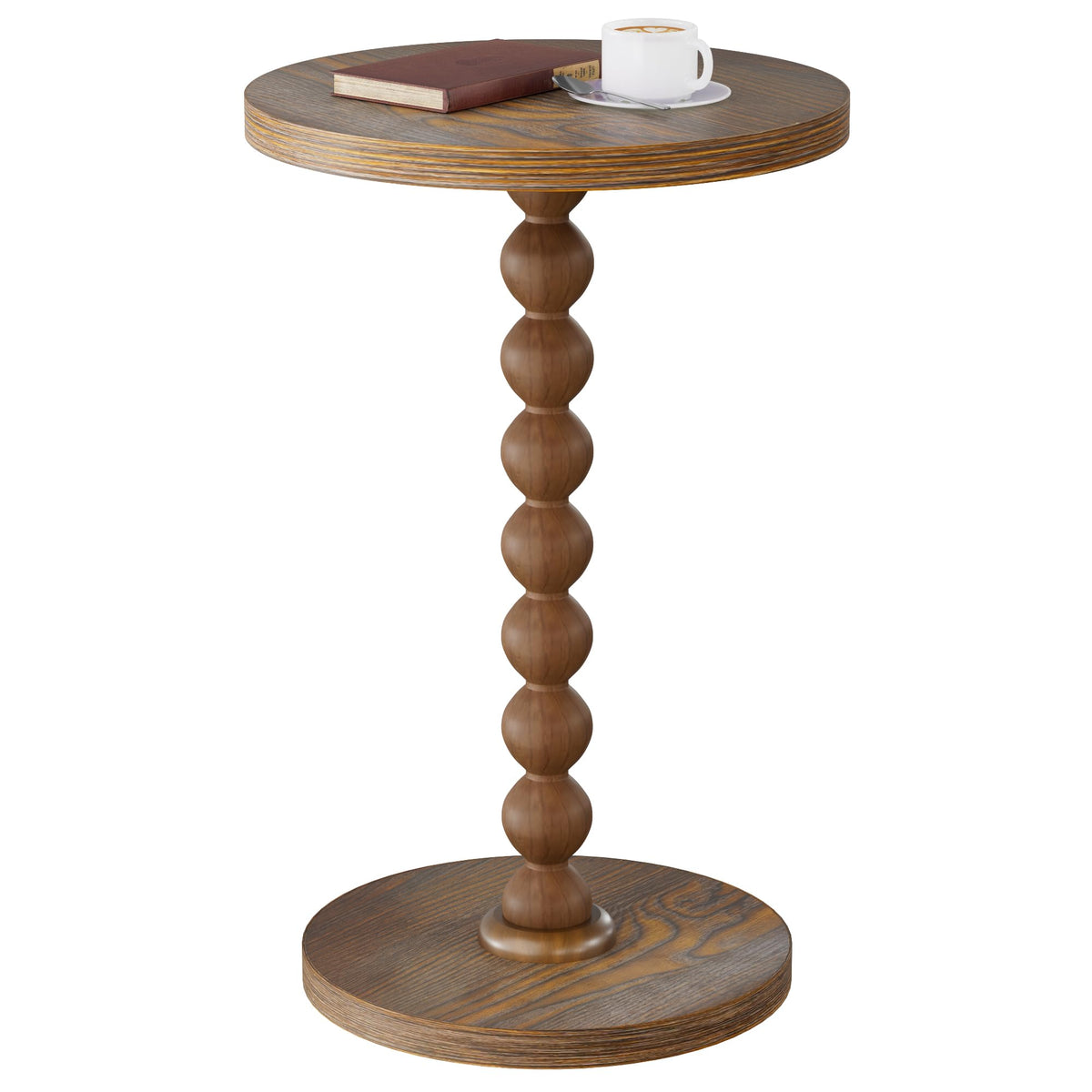 TEROL Round Side Table, Drink Table for Small Spaces, Modern Accent Nightstand with Rubberwood Leg for Living Room, Bedroom, Corners, and Office (Brown)