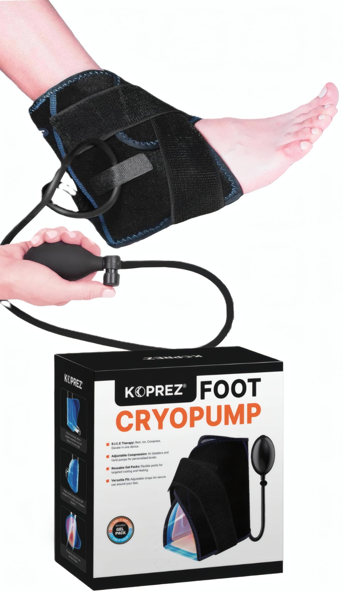 Koprez Foot Ice Pack Wrap with Compression Pump – Reusable Cryotherapy Wrap for Ankle, Heel, Achilles Tendon Pain Relief, Swelling & Injury Recovery, Universal Fit for Athletes