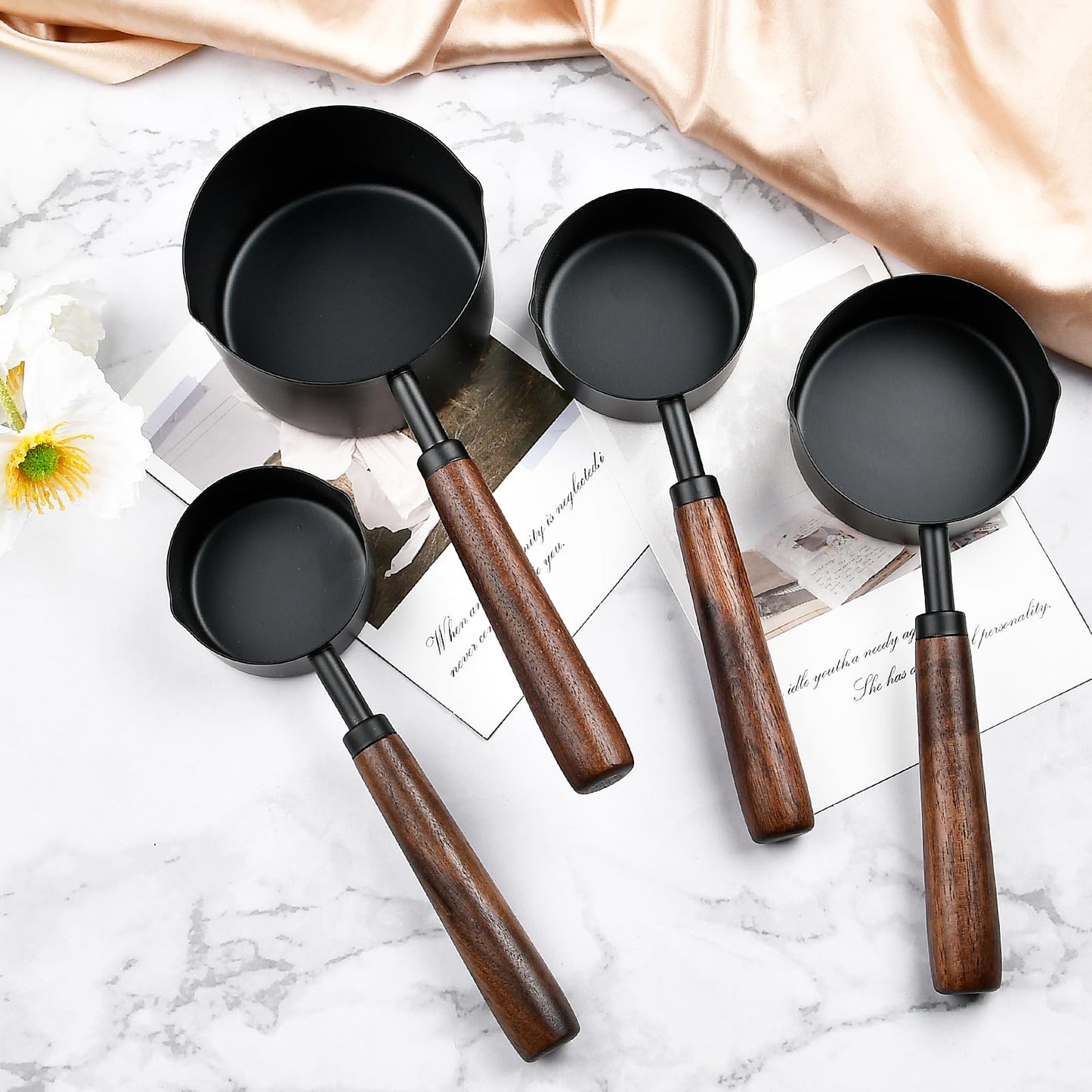 Milkary 4Pcs Measuring Cups with Wooden Handle, Black Stainless Steel Measuring Cups Scoops Set, Dog Food Scoop for Kitchen Flour Spice Seasoning Measurement Cooking (1, 1/2, 1/3, 1/4 Cup)