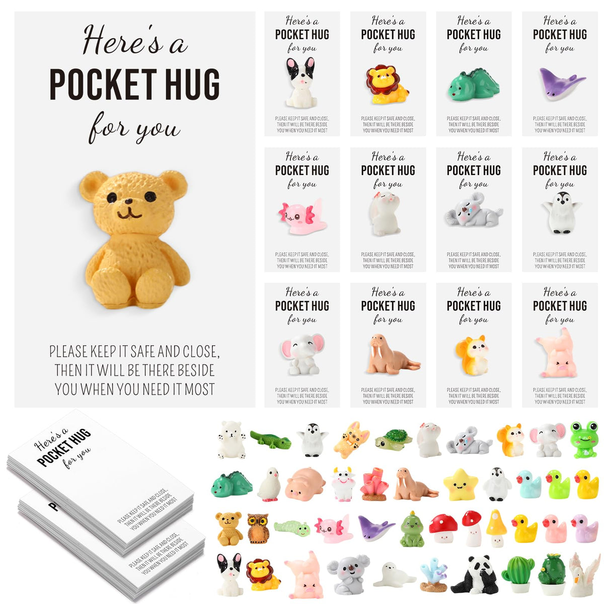 Wonderjune 40 Sets Pocket Hug Bulk Gift Mini Resin Animals Small Teacher Thank You Gifts Inspirational Pocket Hug Card Emotional Appreciation for Teacher Coworker Employee Team Staff Friend (Lovely)