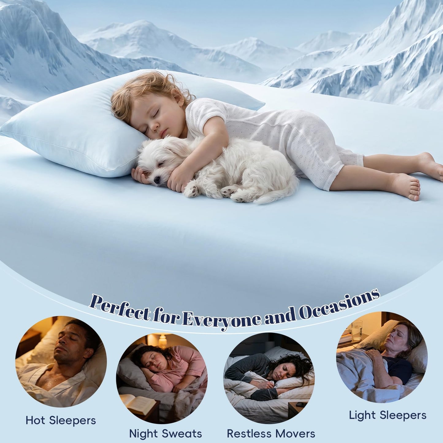PHF Cooling Fitted Sheet Set Queen Size for Hot Sleepers, Q-Max > 0.4, Silky Soft & Breathable, Ideal for Night Sweats & Summer, 1 Fitted Sheet & 2 Pillowcases, Fits Up to 16", Ice Blue