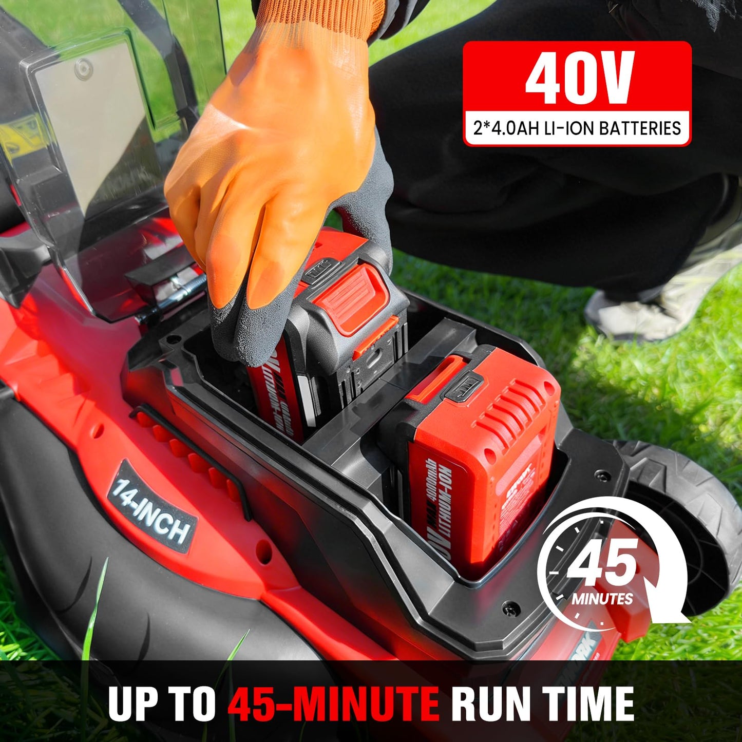 EWORK 40V Electric Lawn Mower Cordless, 14" Electric Push Mower with Grass Catchers, 2 x 4.0 Ah Batteries & Charger, 6-Height Adjustment, 21 lbs Lightweight Battery Powered Lawnmower for Small Yard