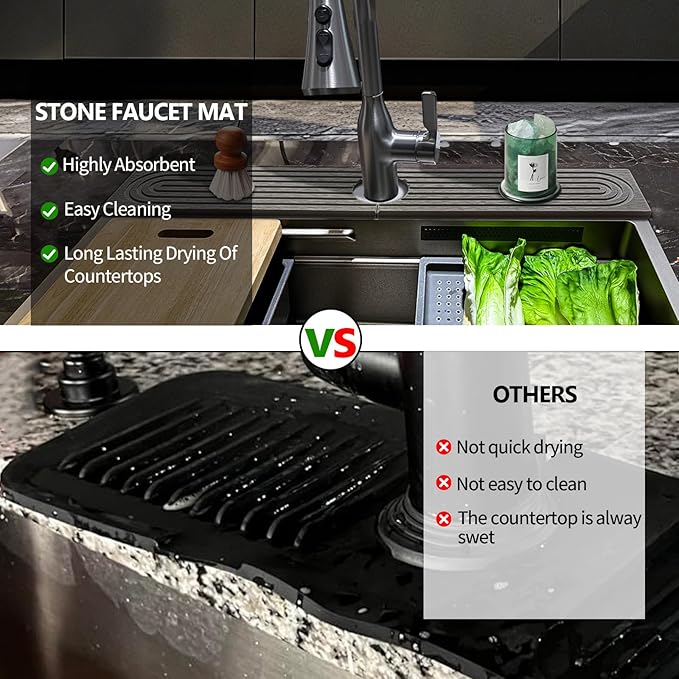 Stone Faucet Mat For Kitchen Sink, 15.7" Diatomite Fast Drying Stone Kitchen