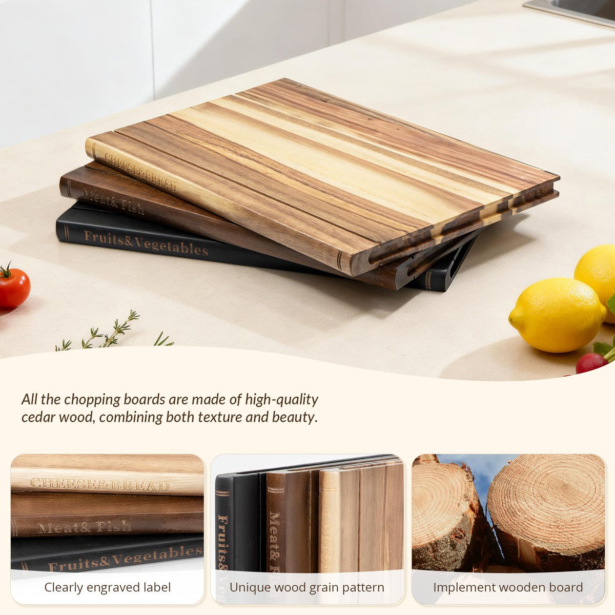 Book Cutting Board Set with Stand，Wooden Cutting Boards That Look Like Books for Serving & Display，Acacia Wood for Meat, Vegetables, Cheese & Bread，3-Piece Set