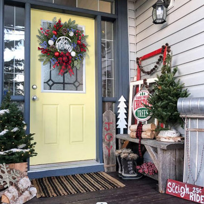 Prelit Christmas Wreath for Front Door Outside,22 inch Be Merry Wreath with red Black Buffalo Plaid Bow,Lighted Farmhouse Christmas decoration-30 LED Light/Timer,Winter Door Wreath, Porch Decor