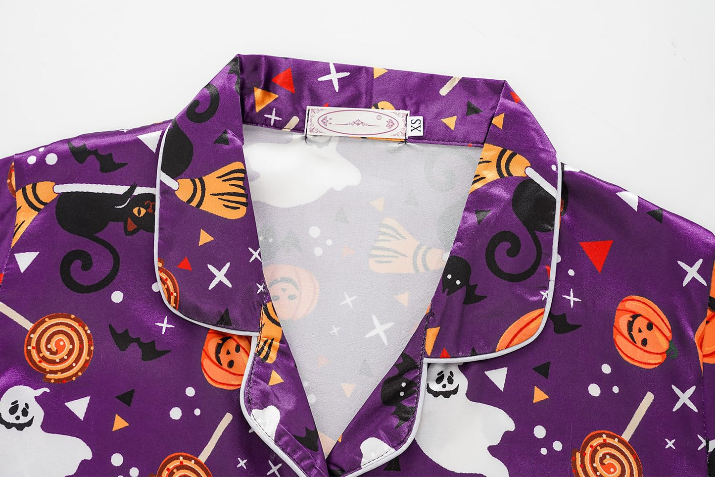 Vopmocld Unisex Kids Girls Boys 3PCS Satin Pajamas Set Button Down Short Sleeve Long Pants and Shorts Silky Nighty Lounge Sleepwear, Halloween Purple, 10