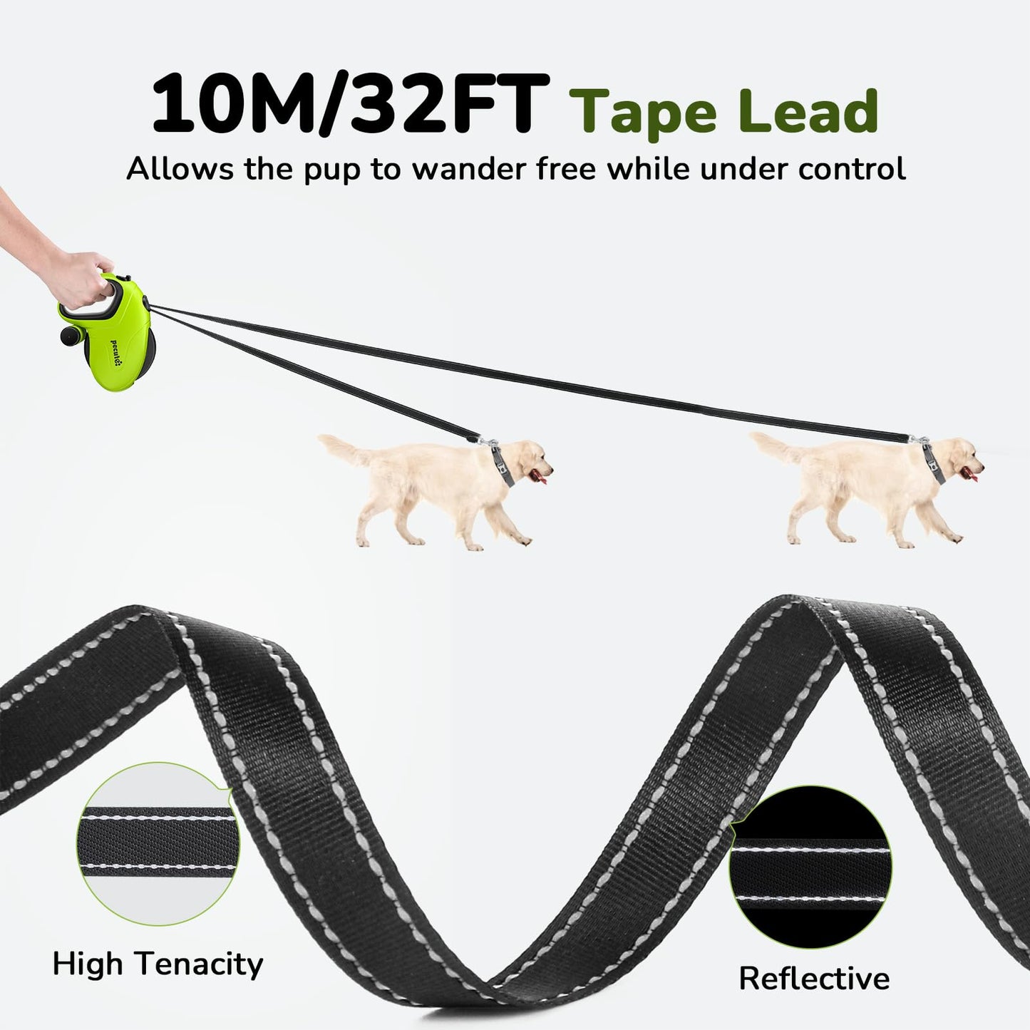 Pecute Retractable Dog Leash with Poo Bag Holder, 10m/32ft Extended dog Leash with 360° Tangle-Free, Anti-Slip Handle and Quick Brake Button, Suitable for Dogs Up to 110lbs/50kg in Weight