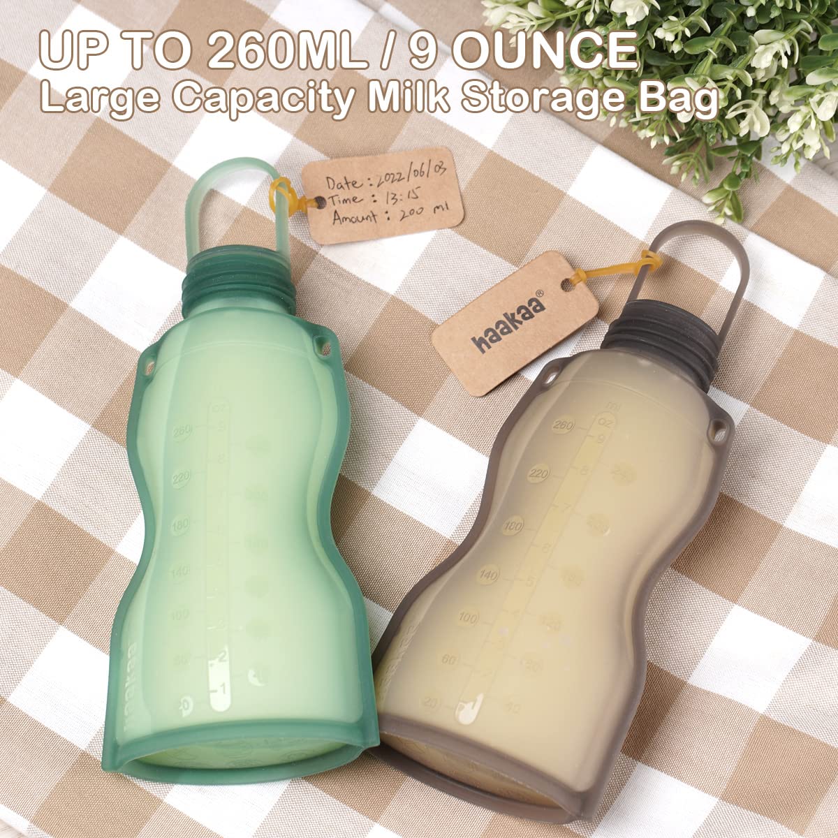 haakaa Silicone Breast Milk Storage Bag 9 oz- Reusable Milk Collector Freezer Bag for Breastfeeding Mom - Baby Food Storing Yummy Pouch - Breast Pump Bag -Leakproof - 5 Count