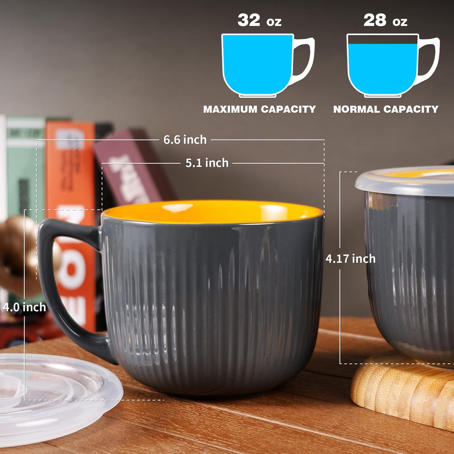 ZEBERBO Ceramic Soup Bowl with Handle 32oz – Microwave Ramen Bowl with Lid, Soup Mugs & Cups for Cereal, Oatmeal, Ramen, Instant Noodle, Soup Container with Lid (Gray)