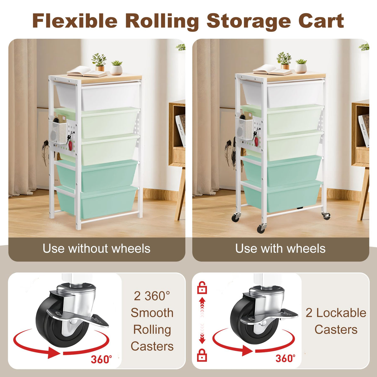 Rolling Cart with Drawers, Rolling Storage Cart with Large Plastic Drawers & Wooden Tabletop, Utility Cart with Pegboards & Basket, Storage Drawers Cart for Living Room, Classroom, Bedroom, Office