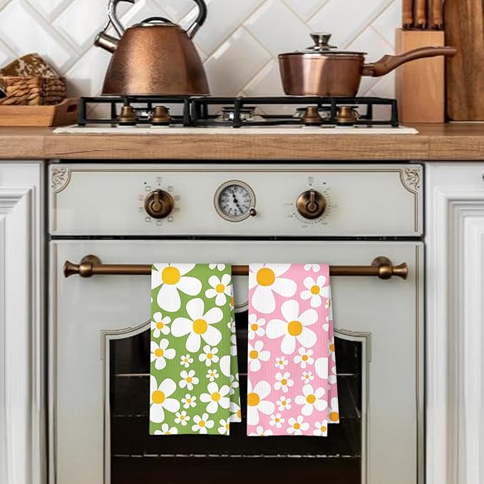 70s Retro White Daisy Floral Kitchen Towels Set of 2, Floral Aesthetic