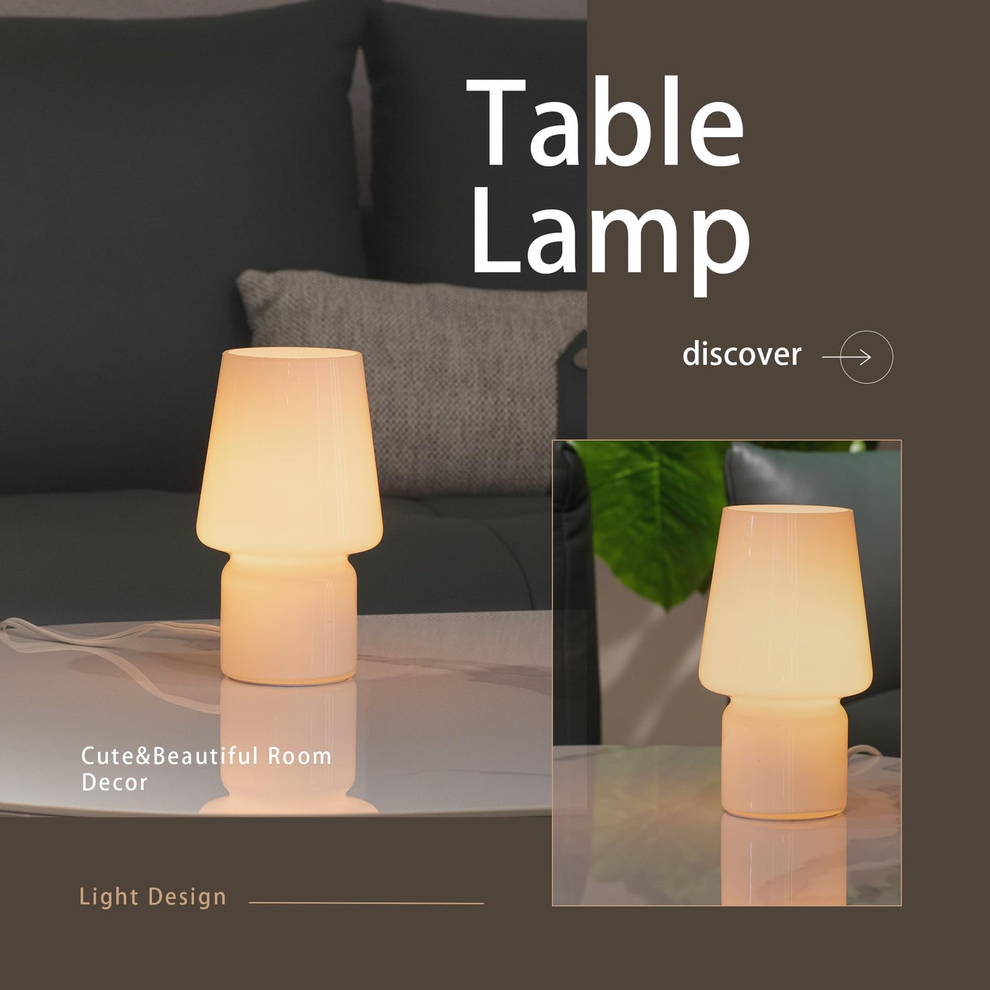 SUREYOND Mushroom Lamp,Mother's Day Gifts,Small Table Lamp,Cute Nightstand Kitchen Mini Lamp,Glass Table Lamp,Suitable for Bedrooms, Kitchens, Living Rooms, Bedside, Girl Gifts（White）