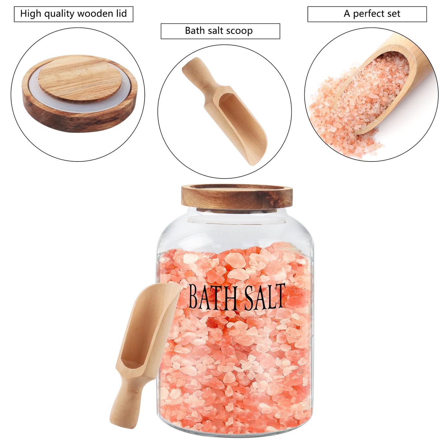 Klmnop 74 oz Glass Bath Salts Jar with Wooden Scoop, Bath Salt Container with Lid, Bathroom Organizers and Bath Decor(Clear)