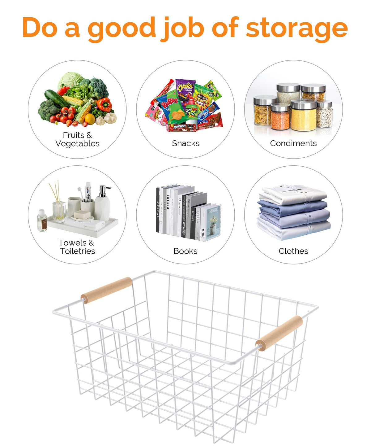Wire Basket with Wooden Handle, Metal Utility Storage Basket for Organizing Kitchen Pantry Cabinets, Closet and Garage Shelves Drawers, Office Metal Basket Storage Organizer with Handle (White 2 Pack)