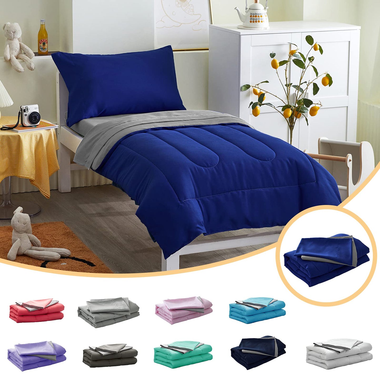 4 Pieces Toddler Bedding Set Ultra Soft and Breathable Toddler Comforter Sheet Set for Autumu and Winter- Includes Warm Comforter, Flat Sheet, Fitted Sheet and Pillowcase - Royal Blue & Gray