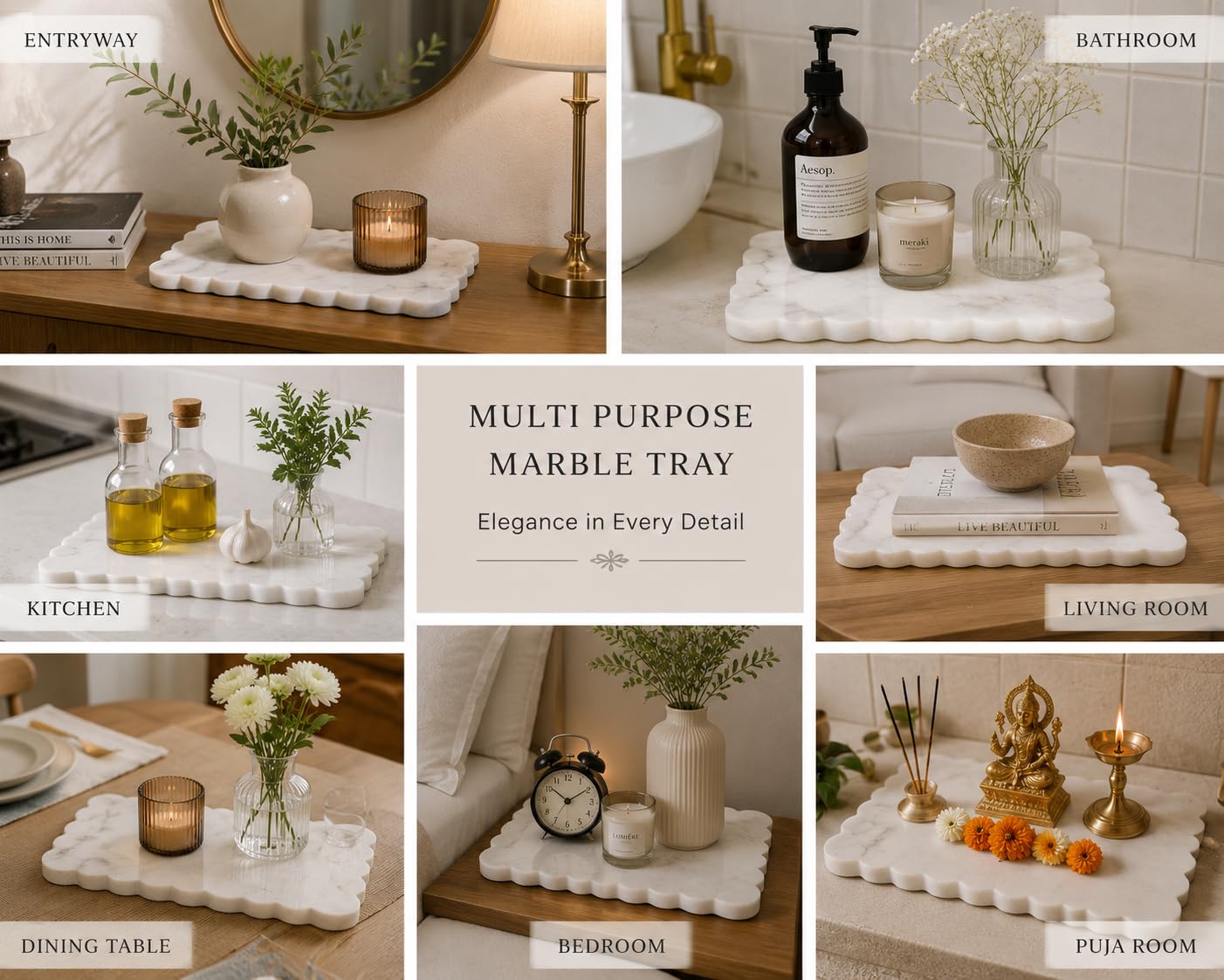 Natural Multi-Purpose Marble Charcuterie & Cutting Board with Scalloped Edge Chopping Board Decorative Vanity Bathroom Kitchen Tray Non-Slip Bumper Scratch Proof Home Decor Perfume Display 12"x6"
