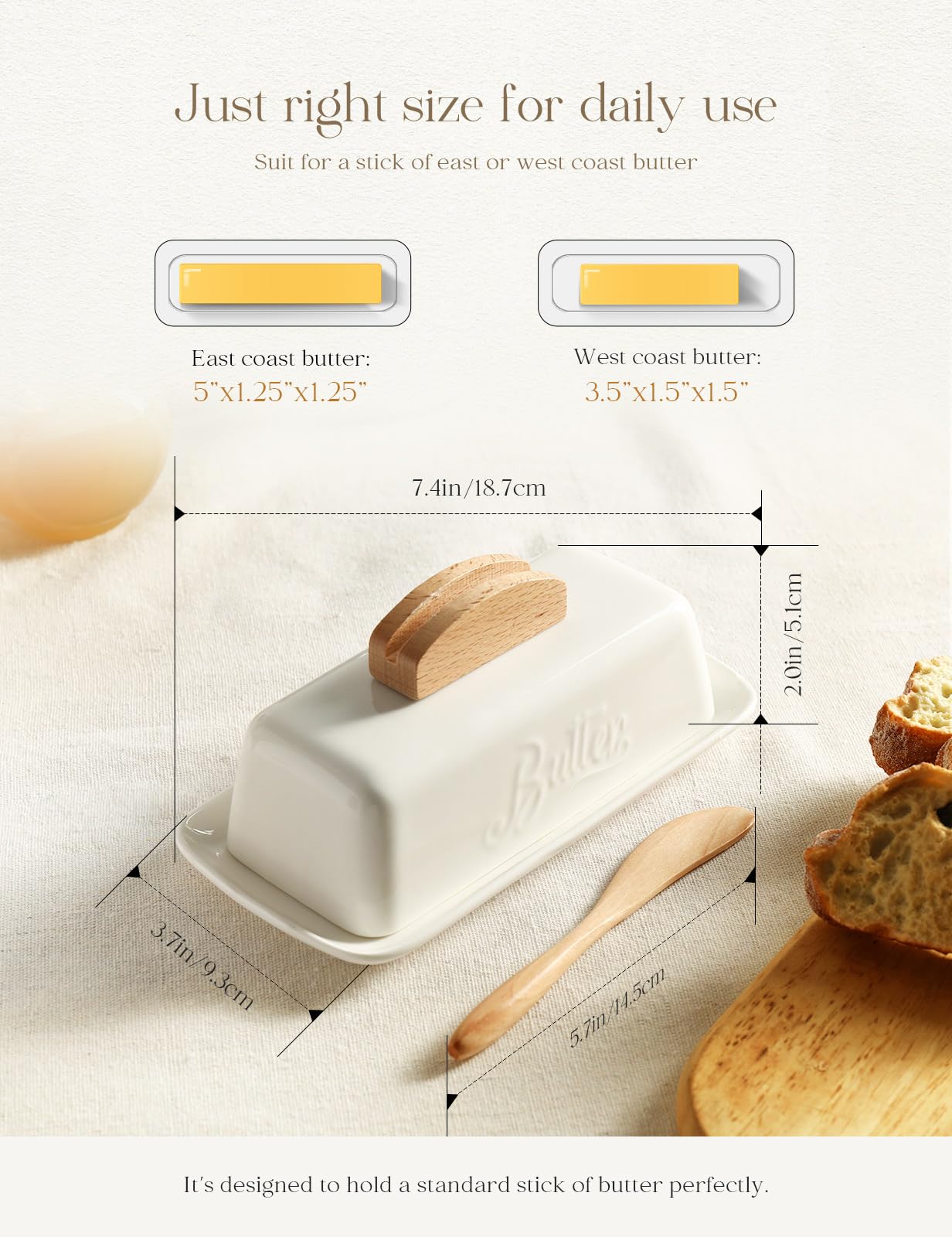 Butter Dish with Lid and Knife Ceramic Butter Holder for Counter Humanized Clamp-able Knife Handle Design, Perfect for East West Coast Butter, White