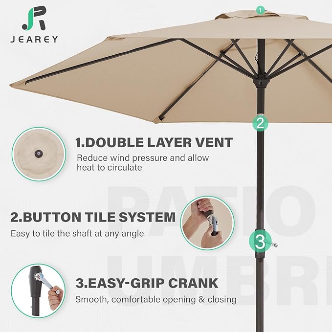 JEAREY 7.5FT Patio Umbrella Outdoor Market Umbrella with 6 Sturdy Ribs, Push Button Tilt/Crank Table Umbrella for Garden, Deck, Backyard and Pool, Beige