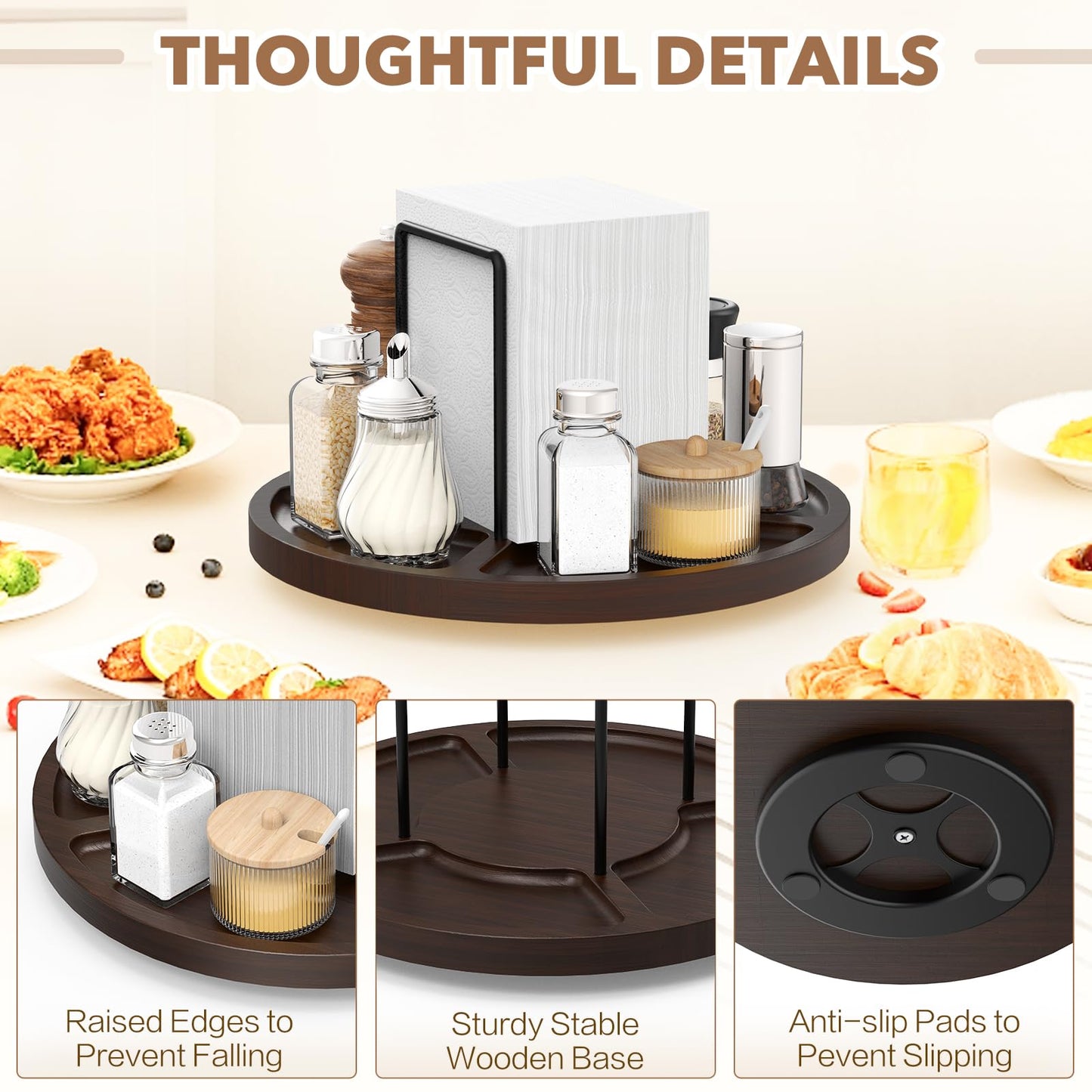 FODIENS Napkin Holder for Table, Rotating Napkin Dispenser with Salt and Pepper Shakers Storage, Standing Paper Napkin Organizer for Kitchen Dining Table Decor (1, Brown Round)