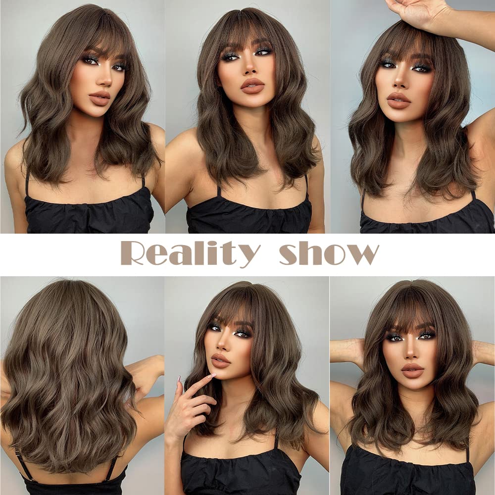 EMMOR Long Wavy Brown Wig for Women, Synthetic Wigs Made of Natural Wavy Hair with Fringe, Parties, Cosplay, Daily Use, incl. 2 Wig Caps
