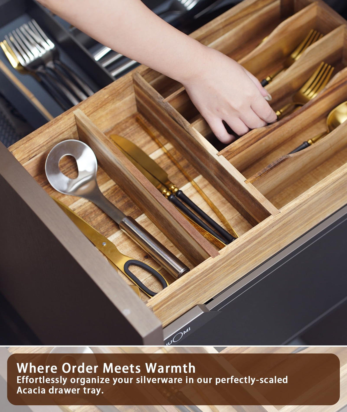 blossome better addition to better life Silverware Drawer Organizer, Acacia Wood Tray for Cutlery & Flatware | Fixed 10.5" Wide, 7-Compartment Utensil Holder for Forks & Spoons