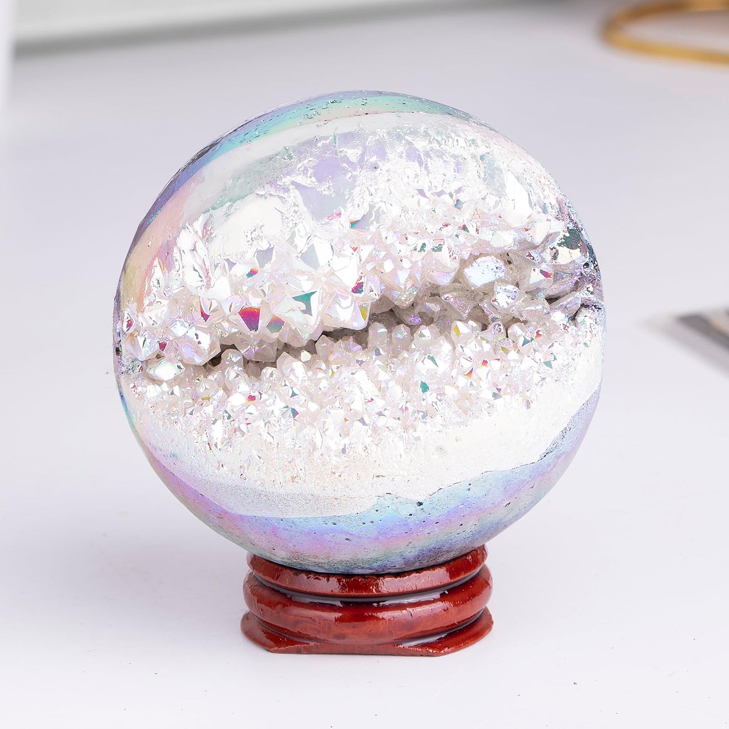 Sportmusies Titanium Coated Rock Crystal Geode Ball with Wooden Stand, Druzy Quartz Stone Cluster Sphere Reiki Home Office Decoration, Angel Aura