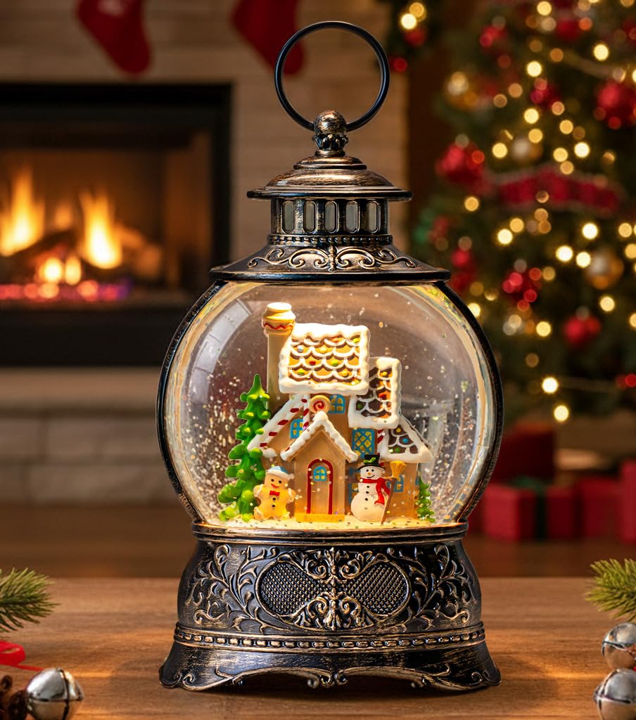 10" Christmas Snow Globes Lantern, Sparkling Musical Snowman Gingerbread House Lanterns, USB and Battery Powered Christmas Home Tabletop Decorations Gift