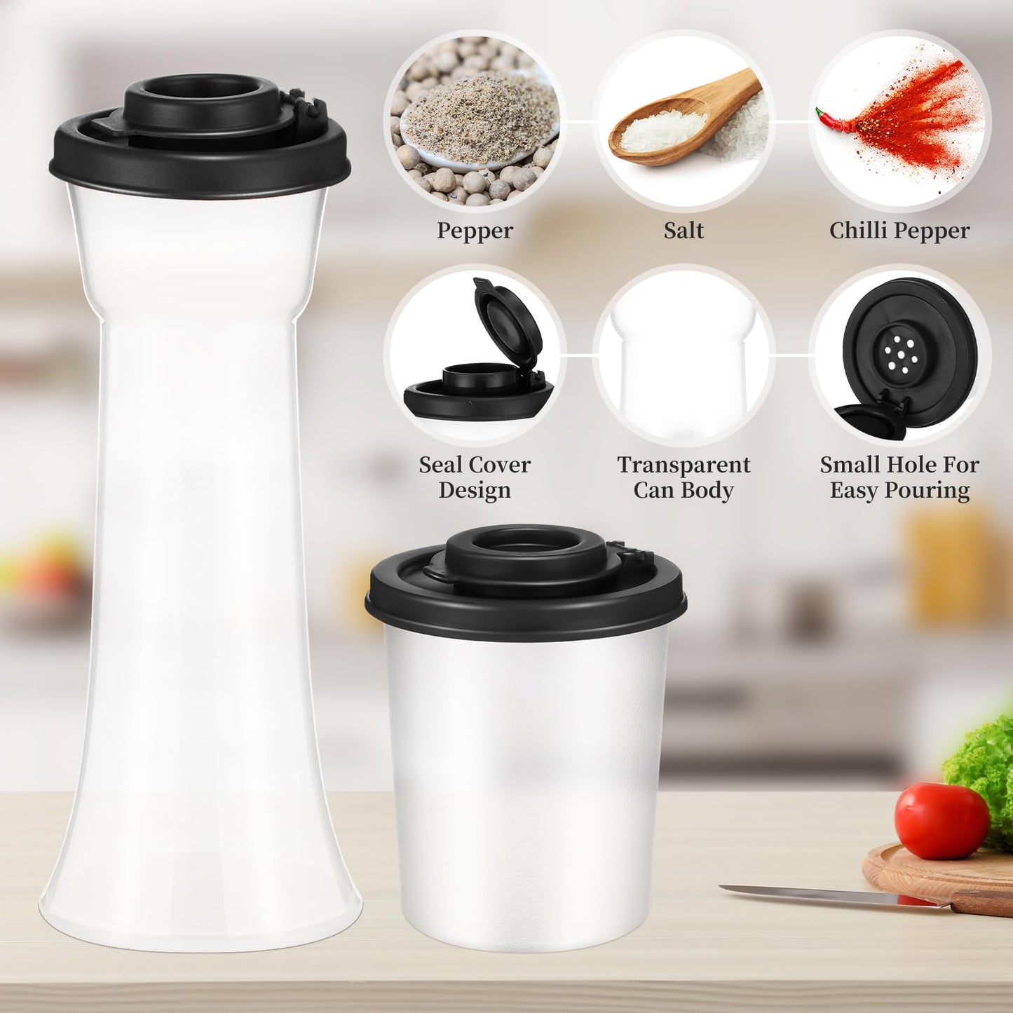 EBOOT 4 Pcs Salt and Pepper Shaker Set Hourglass Picnic Salt and Pepper Shakers Plastic Airtight Spice Jar Dispenser with Lids for Camping Outdoors Kitchen Lunch(Black)