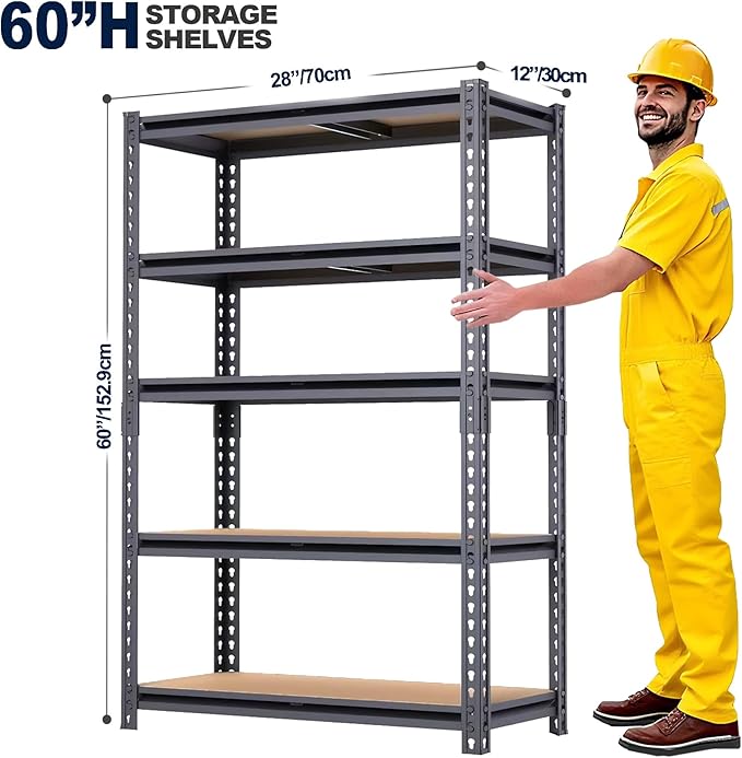 Garage Shelving, 2400 LBS Metal Storage Shelves, 12" x 28'' x 60'' Heavy Duty Shelf, Adjustable Shelving Rack, Standing Shelf Units, Shelves for Garage Storage