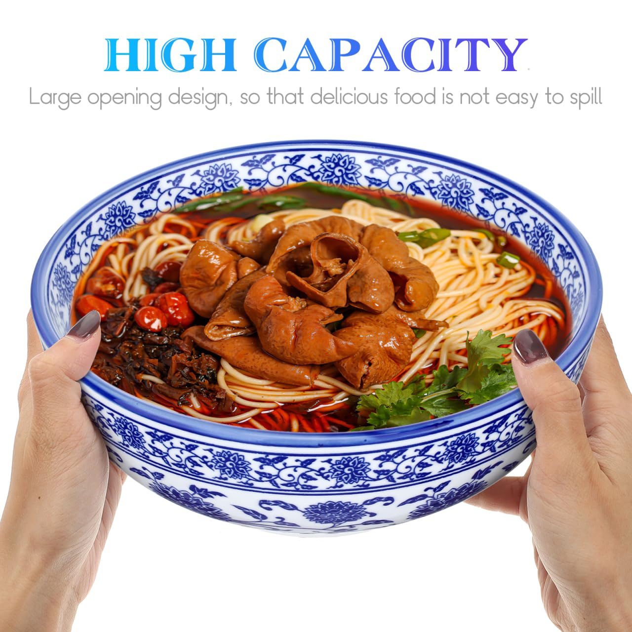Luxshiny Blue White Porcelain Bowl, 8 Inch Chinese Ceramic Bowl Asian Serving Container for Salad Pasta Rice Porridge Fruits Udon Soba