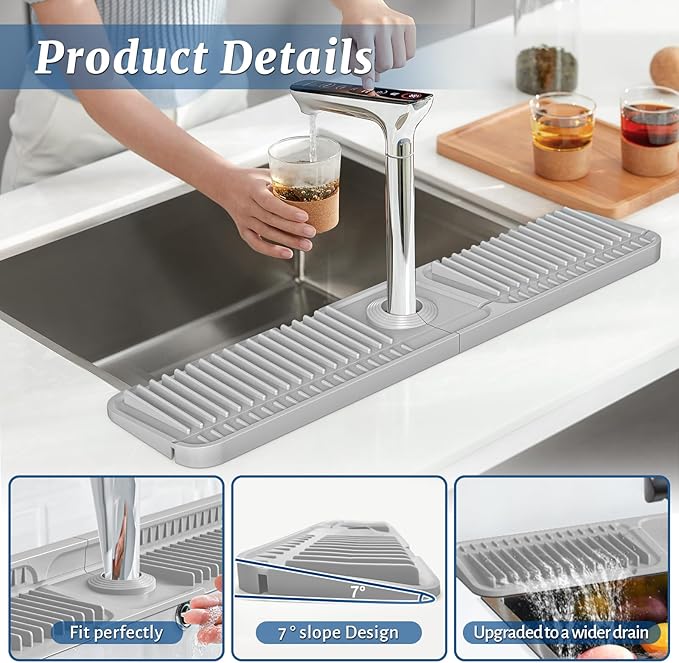 PoYang 24 inch Faucet Mat for Kitchen Sink Splash Guard, 7° Slope Silicone Sink