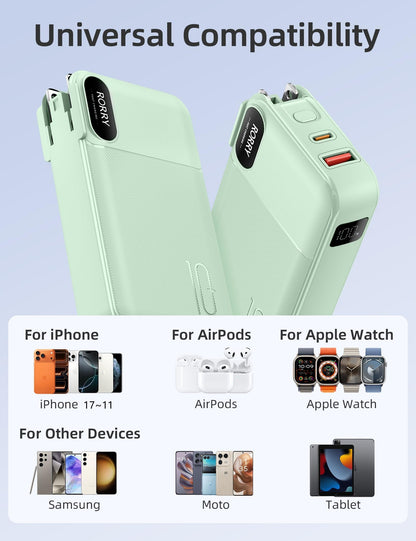 RORRY Portable Charger Built in Cables, AC Wall Plug In Portable Charger Power Bank 10000mAh Travel Battery Pack 22.5W Fast Charging for iPhone 17/16/15 Samsung Galaxy S25/S24/S23 Pixel LG iPad, Green