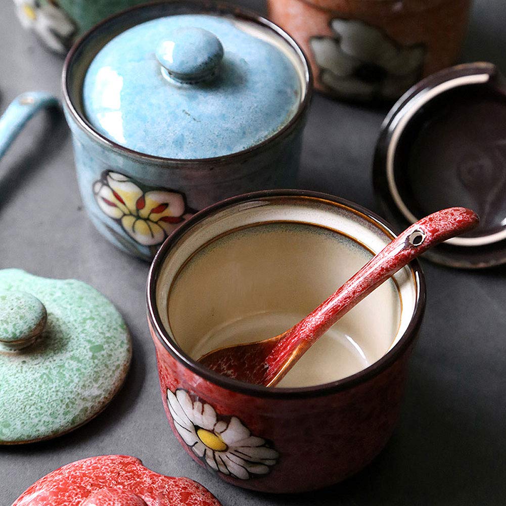 VanEnjoy Retro Hand Painted Flower Ceramic Round Sugar Bowls Spice Containers Porcelain Jar with Spoon Round Condiment