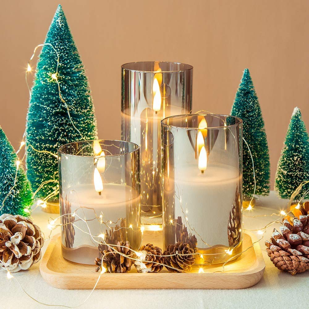 Eywamage Silver Grey Glass Flameless Flickering Candles with Remote, 3 Pack Realistic LED Fake Candles ∅ 3" H 4" 5" 6"
