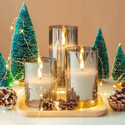 Eywamage Silver Grey Glass Flameless Flickering Candles with Remote, 3 Pack Realistic LED Fake Candles ∅ 3" H 4" 5" 6"