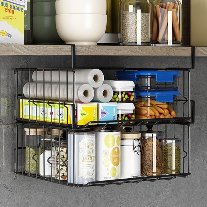 Hanging Under Shelf Storage Basket, 4 Pack Foldable Under Cabinet Metal Desk
