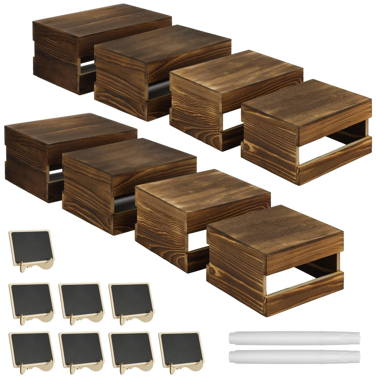 ZALIR 8 Pcs Rustic Wooden Risers for Table Display with 8 Mini Signs and 2 Pens - Tiered Dessert Display Stands, Rustic Cake Stand Buffet Risers for Party, Wedding, Birthday, Shower, 4 Sizes