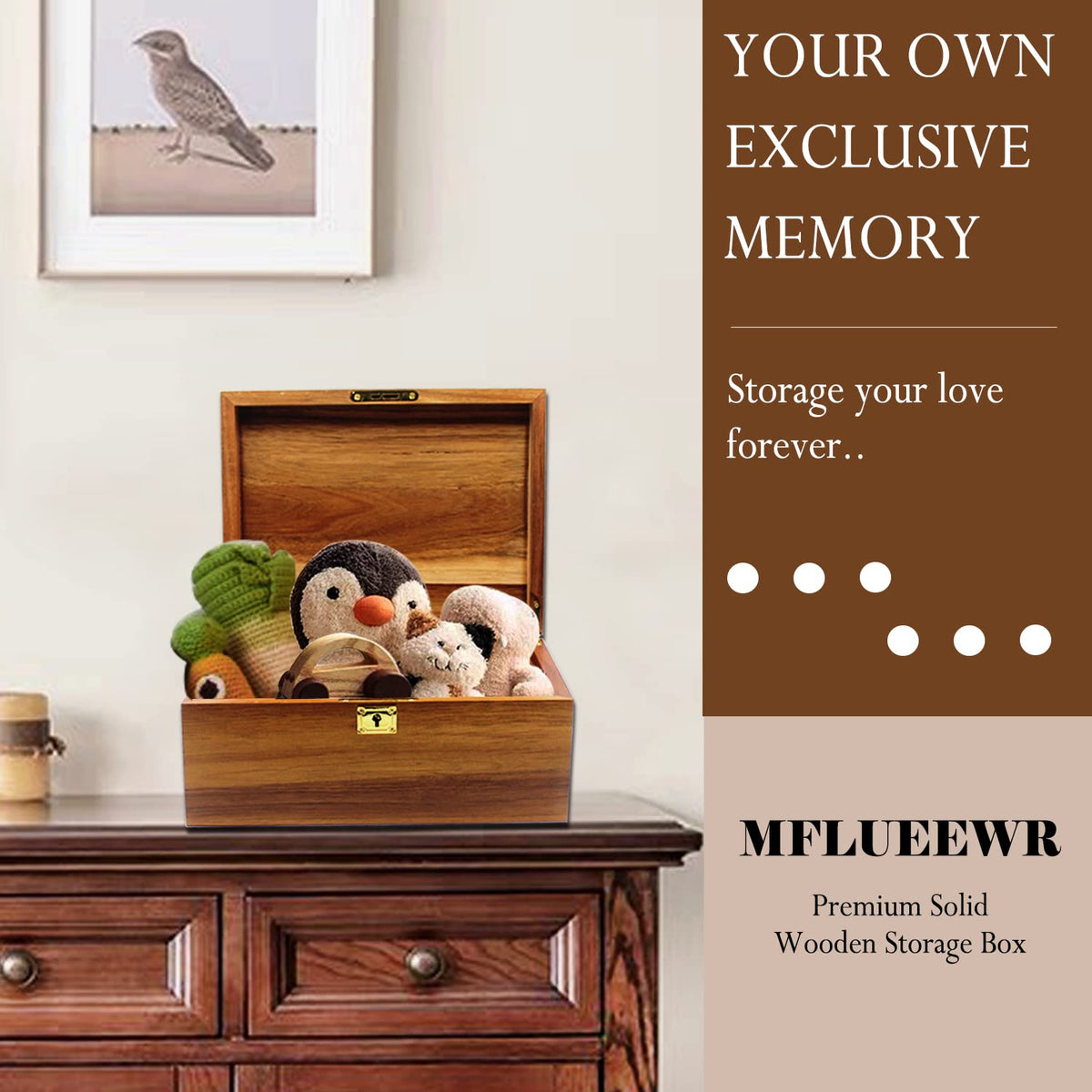 MFLUEEWR Wooden Storage Box with Hinged Lid and Locking Key Large Premium Solid Acacia Keepsake Chest Box -Storage Space to Organize Jewelry, Toys, and Keepsakes in a Beautiful Wooden Decorative Box