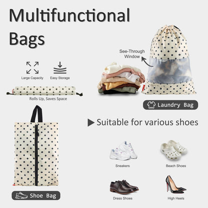 U+U 5 Set Packing Cubes for Travel Essentials Ultralight Luggage Packing Organizers with Laundry Bag and Shoe Bag for Vacation, Business Trip and Camping (Polka Dot)