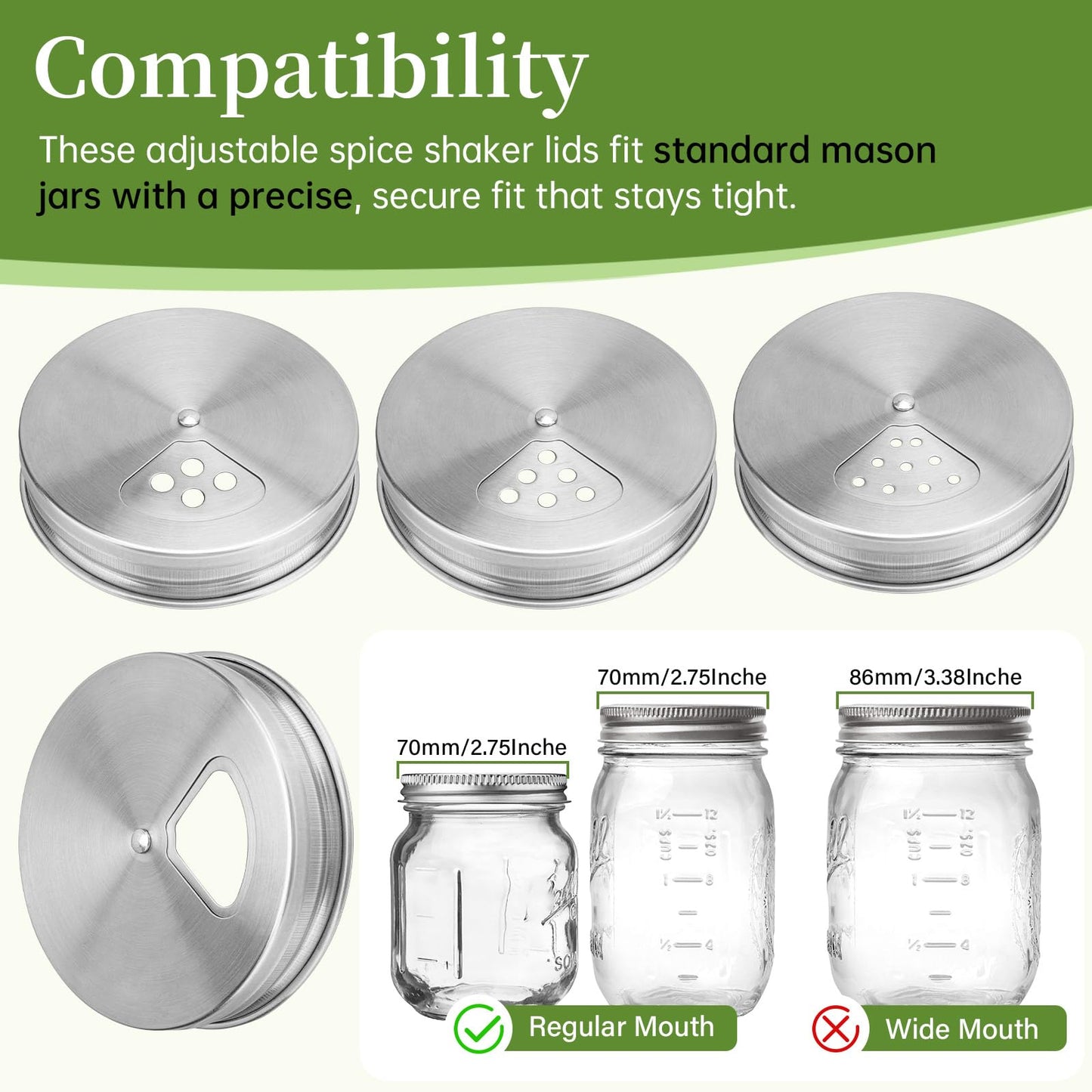 4-Pack Stainless Steel Adjustable Spice Shaker Lids for Regular Mouth Mason Jars, with 4 Bonus Silicone Sealing Rings – Dual Shaker/Pour Tops for Seasoning, Salt & Pepper Storage
